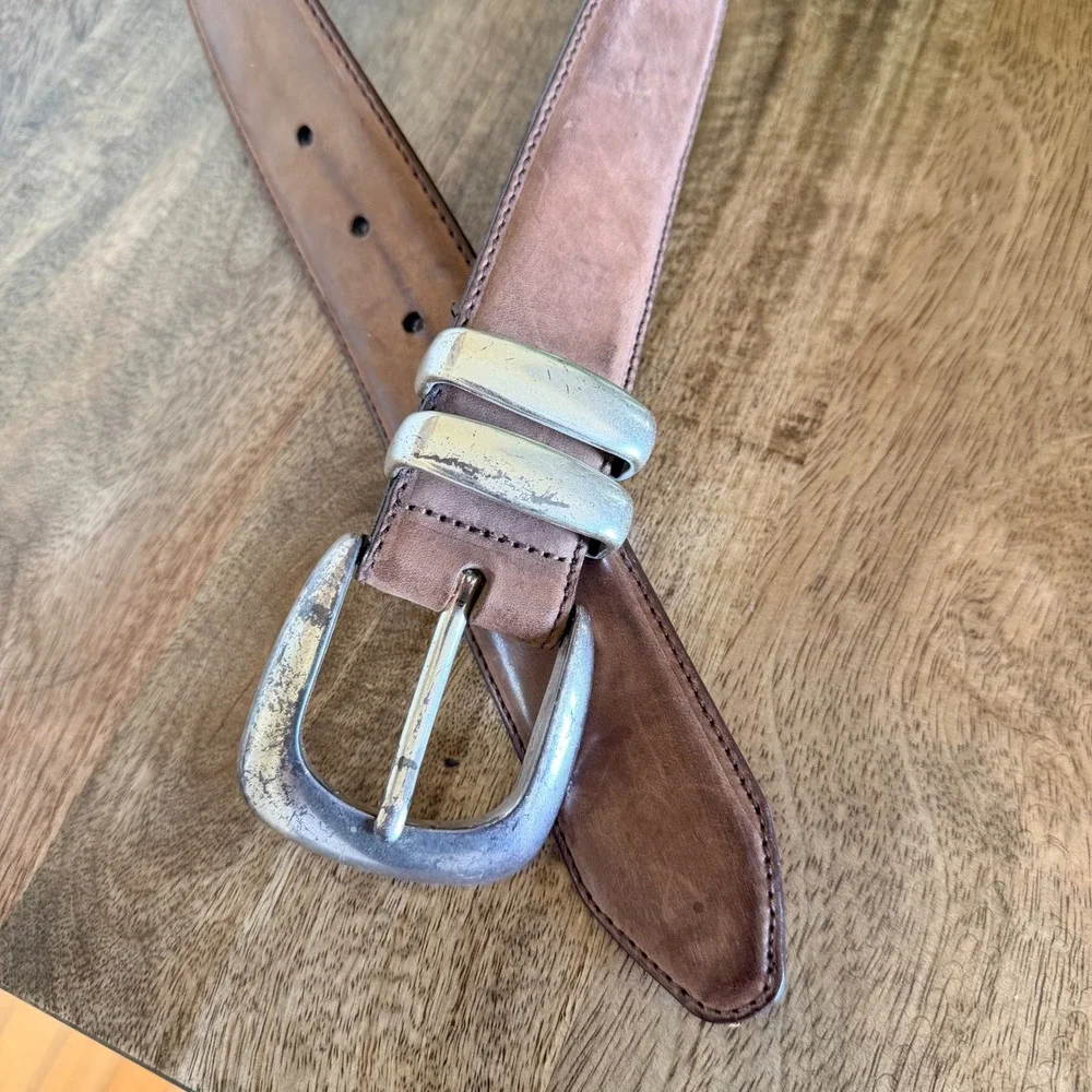 Brighton Brown Leather Belt with Silver Distressed Buckle